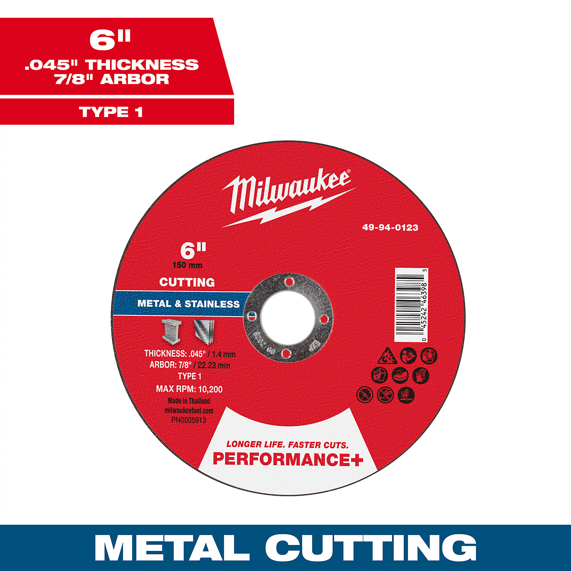 Milwaukee 6" x .045" x 7/8" Performance+ Metal Cut Off Wheel, Type 1, Model# 49-94-0123